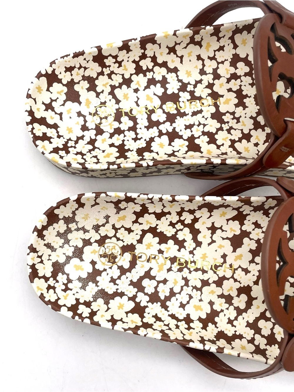 Tory Burch Miller Cloud Sandals Sz 8.5 Brown Floral Logo Leather Flip Flop Slide - Picture 13 of 16